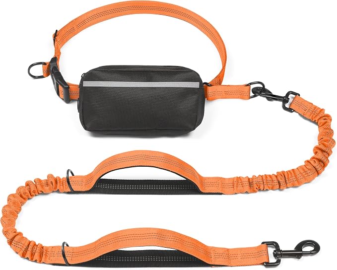 iYoShop Hands Free Dog Leash with Zipper Pouch, Large, 25-120 LBS, Orange | Waist Leash, Dual Padded Handles, Shock-Absorbing Bungee, Adjustable Waist Belt, Walking and Running