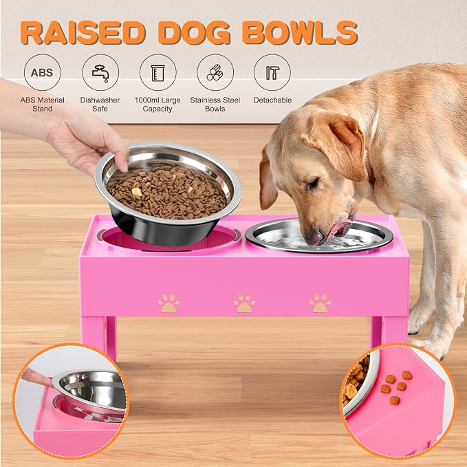 LAKIPETN Elevated Dog Bowls with Mat, Raised Dog Food Bowl Stand with 2 Stainless Steel Bowls, 5 Height Adjustable (3.1", 9", 10", 11", 12") Non-Slip Feeder Set for Medium and Large Dogs – Pink