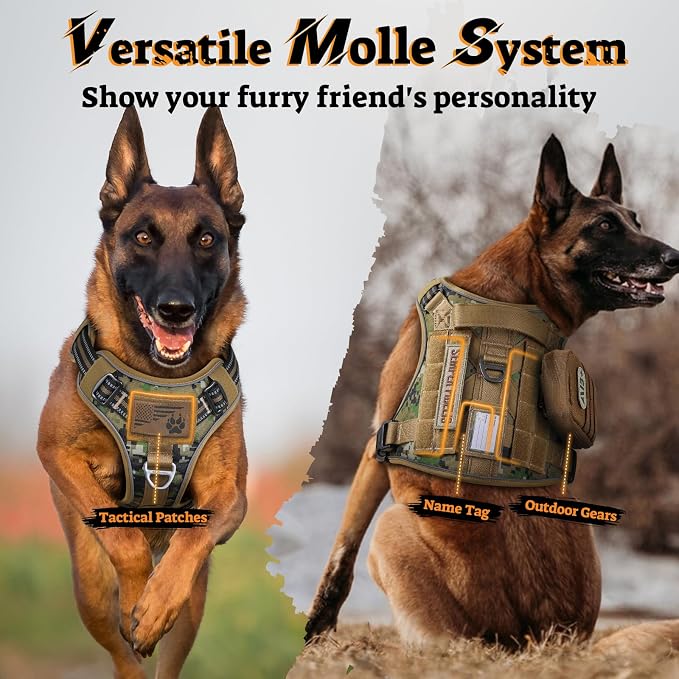 rabbitgoo Tactical Dog Harness for Small Dogs, No Pull Service Pet Vest | Military Molle System & Easy Control Handle, Adjustable and Reflective for Walking and Training, Brown Camo, Small