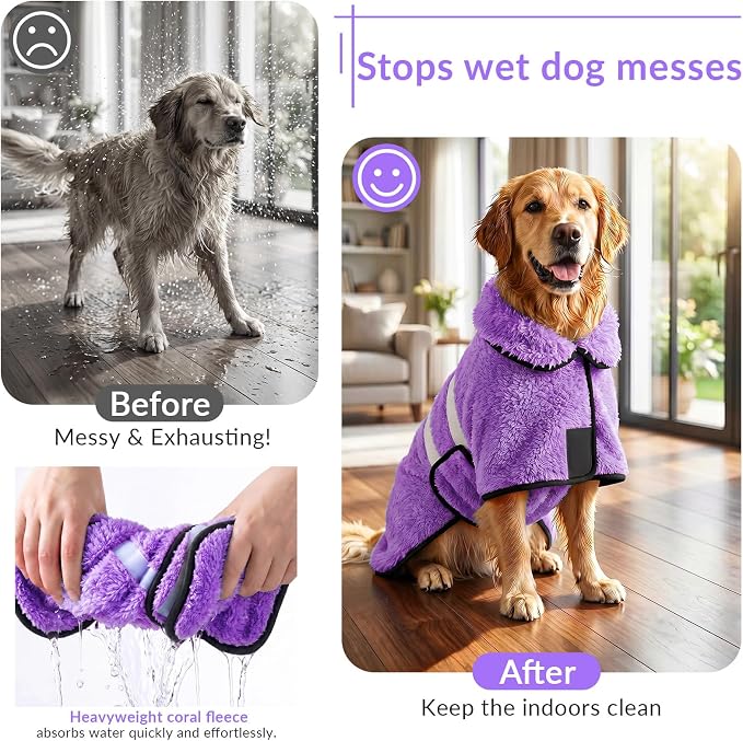 Bienbee Dog Bathrobe, Quick Drying Super Absorbent Pet Robes for Small Medium Large Dogs, Drying Coat for After Bath & Swim, Warm & Cozy Dogs Towels, Dog Puppy Bath Supplies, Light Purple S