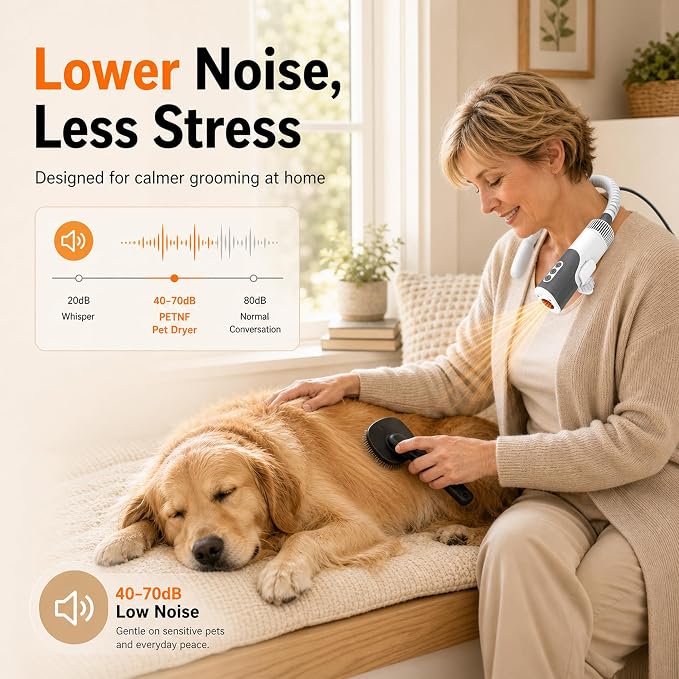PETNF Hands-Free Neck Dog Dryer, 110,000 RPM High Velocity Pet Hair Blow Dryer for Dog Grooming, 1300W Wearable Design, 3 Speeds 5 Heat Settings, Home & Salon