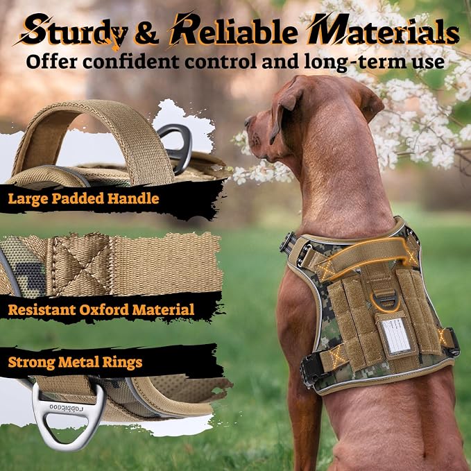 rabbitgoo Tactical Dog Harness for Small Dogs, No Pull Service Pet Vest | Military Molle System & Easy Control Handle, Adjustable and Reflective for Walking and Training, Brown Camo, Small