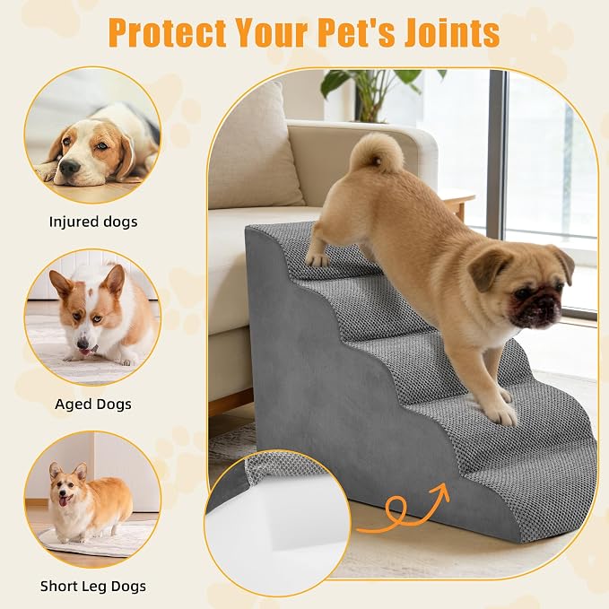 5-Step Dog Stairs for Large Dogs and Cats, 22in H Dog Steps for Couch, Sofa, Chair, Non-Slip Sturdy Pet Steps, Pet Ramp for High Bed Indoor