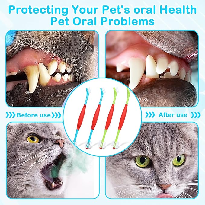 4 PCS Dog Toothbrush, 360 Degree Soft Double Headed Pet Toothbrush, Dogs Cleaning Tooth Brushing Kit for Dogs Cats Teeth Cleaning (Blue, Green)