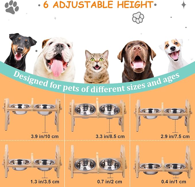 MCEAST Elevated Cat Bowls, Adjustable Raised Dog Bowls Stand with 2 Pieces 304 Stainless Steel Bowls, Bamboo Pet Elevated Bowl Cat Feeder for Newborn Cats Dogs Pets from 4.4 to 11 Pounds