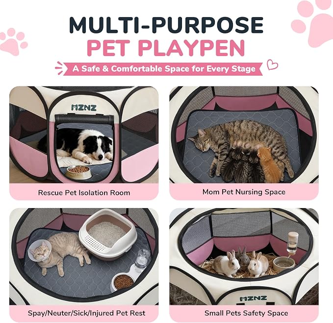Dog Playpen with Pee Pad, Portable Puppy Pet Crate Indoors for Small/Medium/Large Dogs Cats Rabbits, Foldable Dog Cage Enclosure for Outdoor, Pop Up Dogs Tent Kennel with Carrying Case, Pink