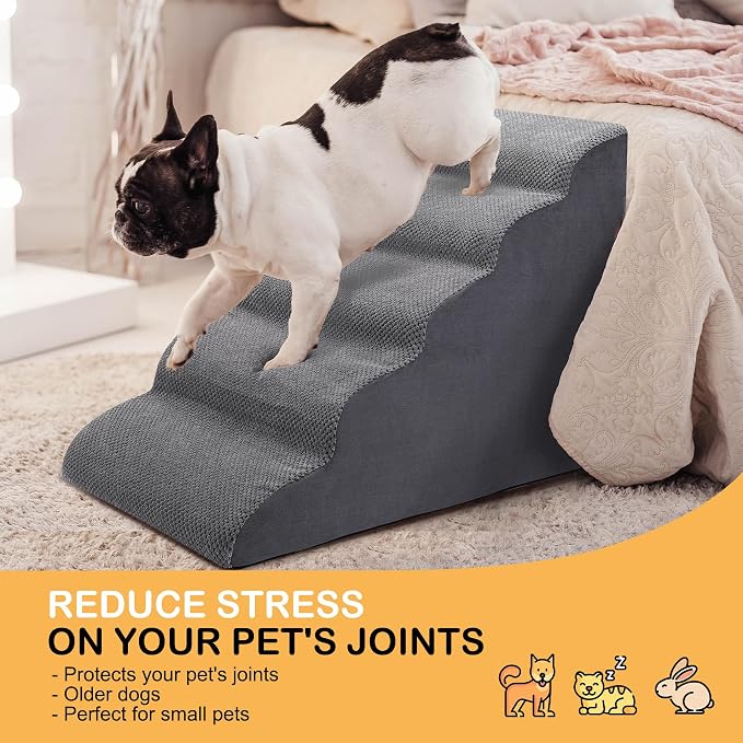 CiWiVOKi Dog Stairs for Bed, 5-Step Dog Steps for Couch and High Bed, Non-Slip Pet Stairs, 24" High Sofa Foam Ramp - Best for Small Pets, Older Cats with Joint Pain
