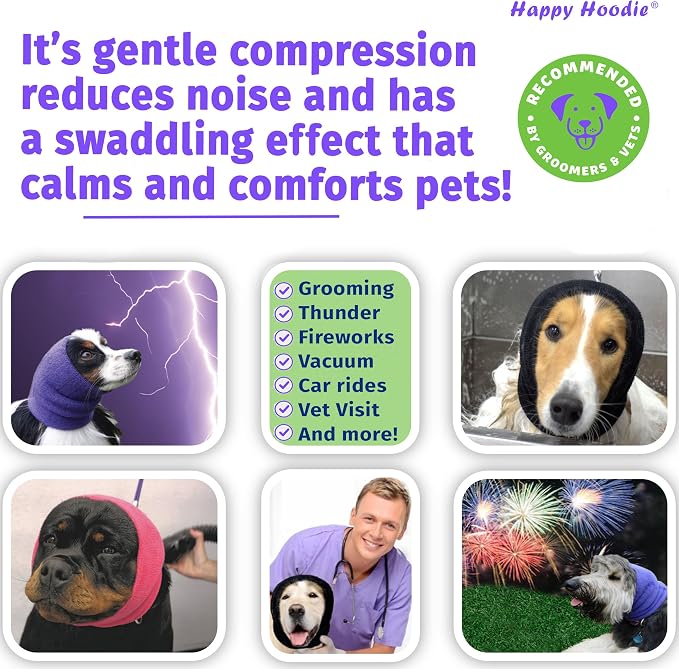 Happy Hoodie The Original Dog & Cat Calming Band - American Brand - Anxiety Relief/Noise Protection-Grooming-Thunder-Fireworks (Large, Blue) - Since 2008 (Pack of 2)