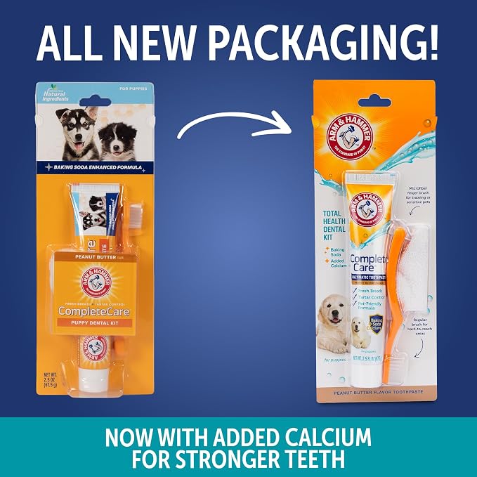 Arm & Hammer Complete Care Puppy Dental Kit, Peanut Butter, 2.5 Oz, 2-Pack | Enzymatic baking soda formula, fluoride-free, peanut butter flavor, toothbrush and microfiber brush included