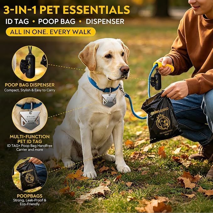 Dog Poop Bag Holder for Leash, Stainless Steel Hands-Free Waste Bag Carrier with Writable Pet ID Tag, Holds Up to 4 Used Bags, Heavy Duty Dog Walking Accessory for Daily Walks & Travel