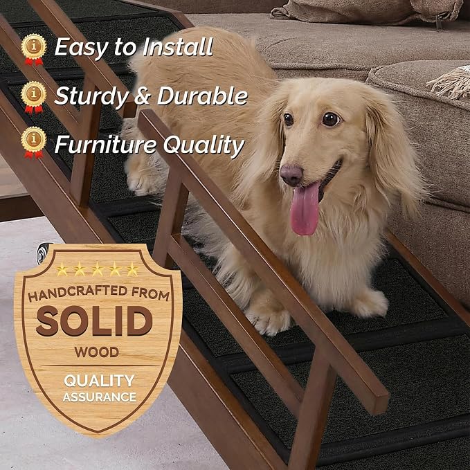 Dog Ramp for Bed or Couch, Wooden Pet Ramp with 20° Gentle Slope, Removable Side Rails, Non-Slip Surface, Top Platform & Wheels, Safe Bed Ramp for Small, Large & Senior Dogs, 60" Long, Walnut