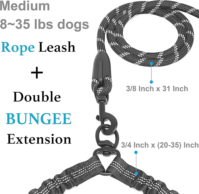 iYoShop Double Dog Leash, 360° Swivel, No Tangle, Medium, 8-35 lbs, Black | Dual Leash for Two Dogs, Split Leash, Shock-Absorbing Bungee, Padded Handle, Heavy-Duty Rope