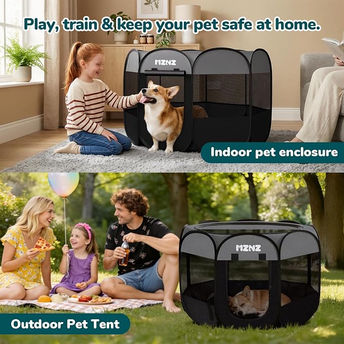 Dog Playpen, Portable Puppy Pet Crate Indoors for Small/Medium Dogs Cats Rabbits, Foldable Dog Cage Enclosure for Outdoor, Pop Up Dogs Tent Kennel with Carrying Case, Dark Grey