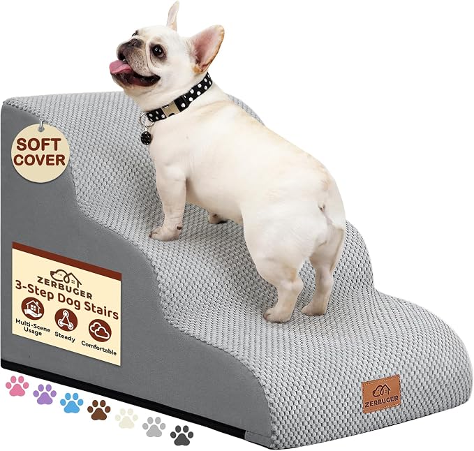 Zerbuger Dog Ramp and Stair for Bed 16" H-20 H,3-Step Cat Stair for Sofa and Chair,4-Step Dog Ramp for High Bed and Window,Durable Nonslip Fabric Cover for Indoor (Light Grey-16 H, Pet Friendly, 3)