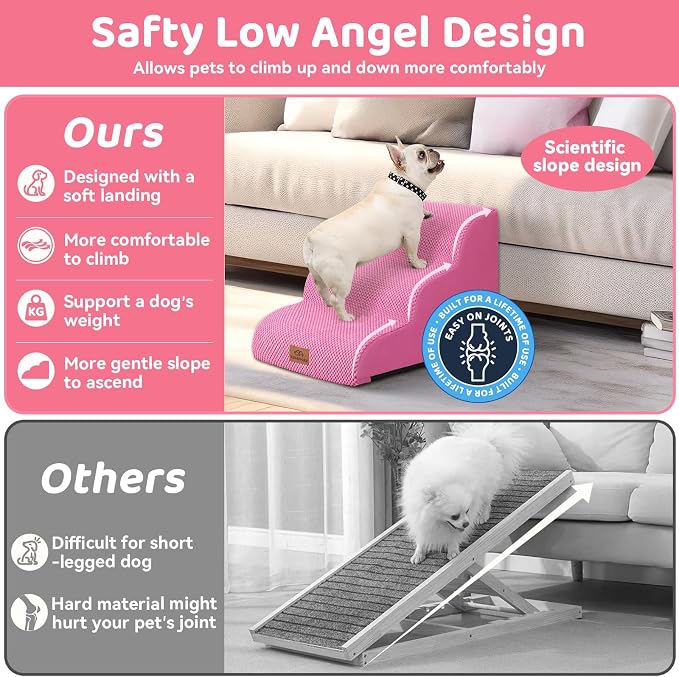 Zerbuger Dog Ramp and Stair for Bed 16" H-20 H,3-Step Cat Stair for Sofa and Chair,4-Step Dog Ramp for High Bed and Window,Durable Nonslip Fabric Cover for Indoor (Pink-16 H, Pet Friendly, 3)