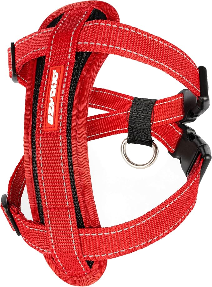 EzyDog Chest Plate No Pull Dog Harness, Escape Proof - Small, Red | Car Restraint Included, Comfort EVA Padding, Adjustable for All Breeds, Quick Release Buckles, Reflective Stitching