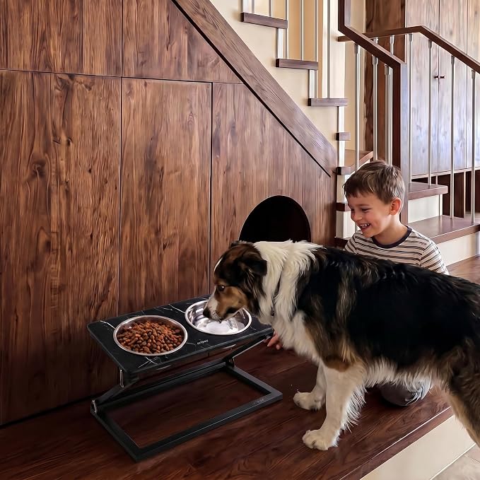 Elevated Dog Bowl Set: Height-Adjustable Stand with 2 Stainless Steel Food Bowls and a 20° Tilted Water Bowl—Suitable for Small, Medium, and Large Dogs (Faux Black Marble, Medium)