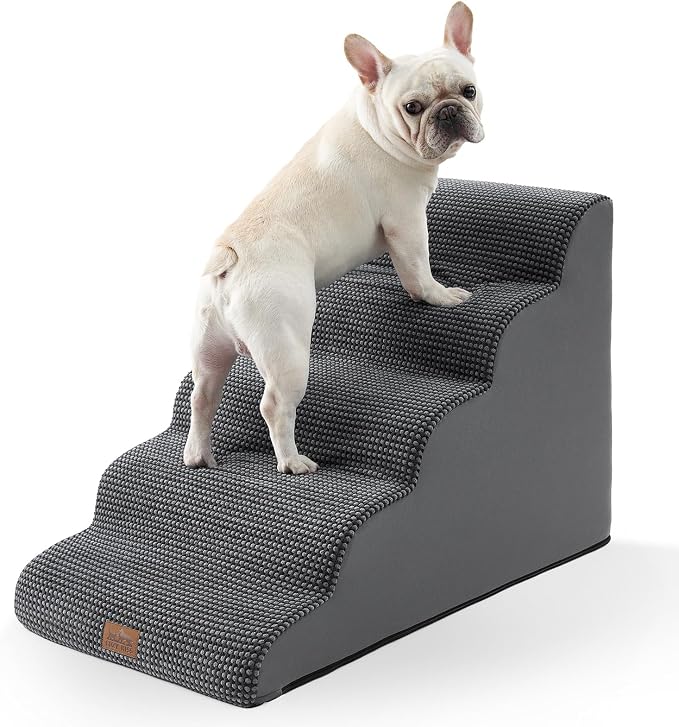 COZY KISS Extra Wide Dog Stair for Small Dog, 5 Step Pet Ramp for Bed | Curved Stable Dog Step for Puppy, Older Cat, Senior, Medium, Short-Legged Dog, Non-Slip Ladder for High Bed, Charcoal Grey