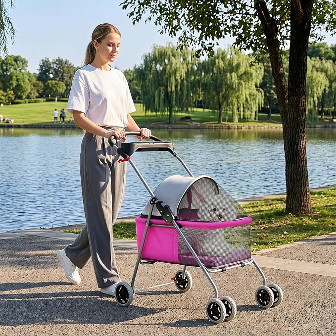 BestPet 4-Wheel Foldable Pet Stroller - Pink, up to 33lbs