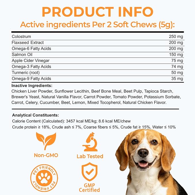 Skin and Coat Supplement for Dogs, Omega 3 Fish & Salmon Oil with EPA & DHA, Colostrum Support Skin & Coat Healthy, Itchy Dog Allergy May Reduce Shedding, Chicken Flavor, 120 Ct