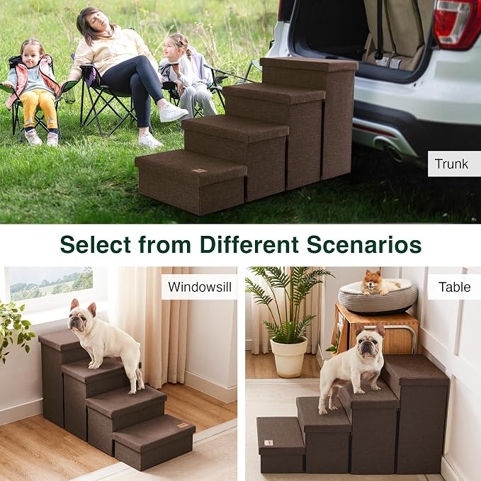 Love's cabin Dog Stairs for Small Medium or Large Dogs with Storage and Adjustable Steps, Foldable Dog Steps for Bed or Couch, 4-Step Coffee Folding Cat Pet Ramp with Zip up to 200 lbs, Coffee