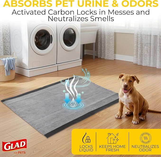 Glad for Pets Extra Large Charcoal Training Pads for Dogs and Puppies, Activated Carbon Odor Control, 6-Layer Absorbent Leak-Proof Pee Pads with Pheromone Attractant, 28 x 30 in, 30 Count