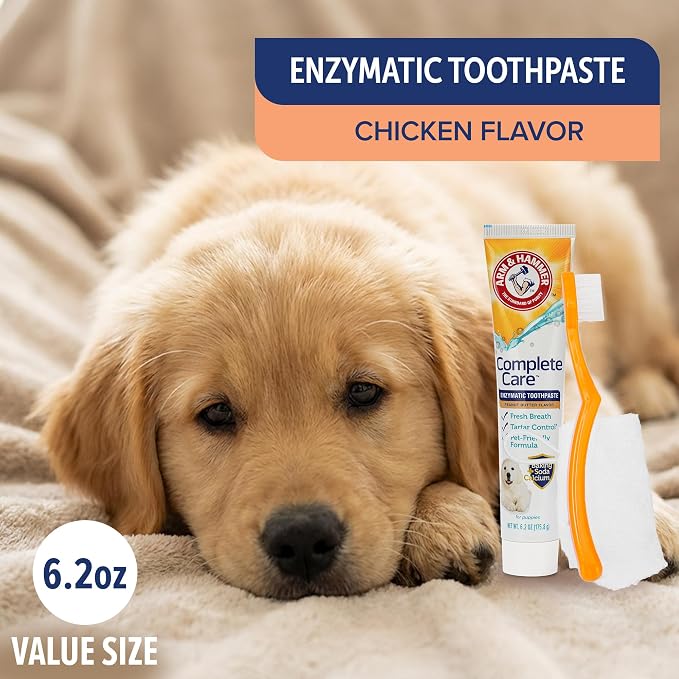 Arm & Hammer Complete Care Puppy Dental Kit, Peanut Butter, 2.5 Oz, 2-Pack | Enzymatic baking soda formula, fluoride-free, peanut butter flavor, toothbrush and microfiber brush included