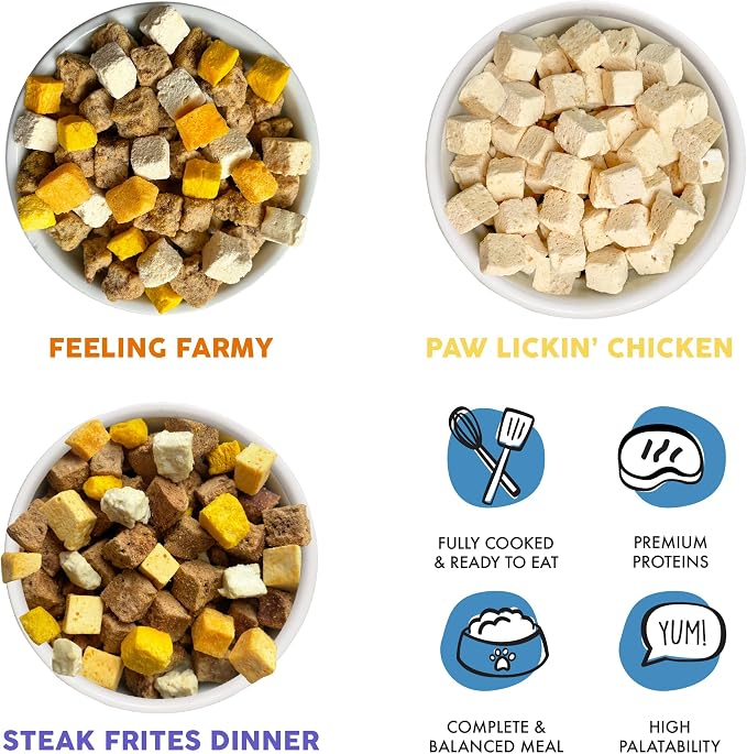 Sampler of all Weruva Freeze Dried Dog Food Recipes, Feeling Farmy, Paw Lickin Chicken, and Steak Frites Dinner (3 Pack, 1oz Bags)