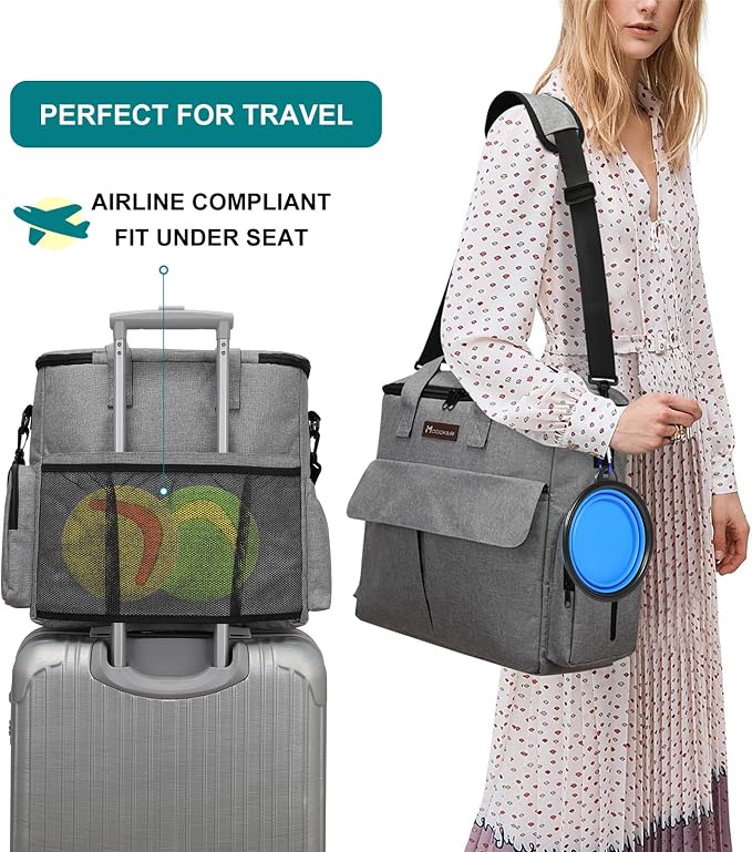 Modoker Dog Travel Bag Weekend Set with Food Containers & Bowls, Grey