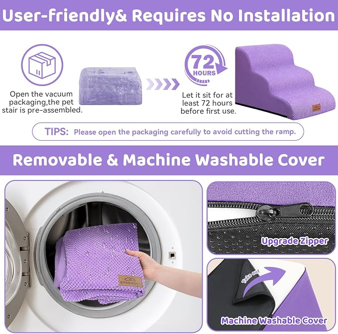 Zerbuger Dog Ramp and Stair for Bed 16" H-20 H,3-Step Cat Stair for Sofa and Chair,4-Step Dog Ramp for High Bed and Window,Durable Nonslip Fabric Stair for Indoor (Purple-16 H, Pet Friendly, 3)