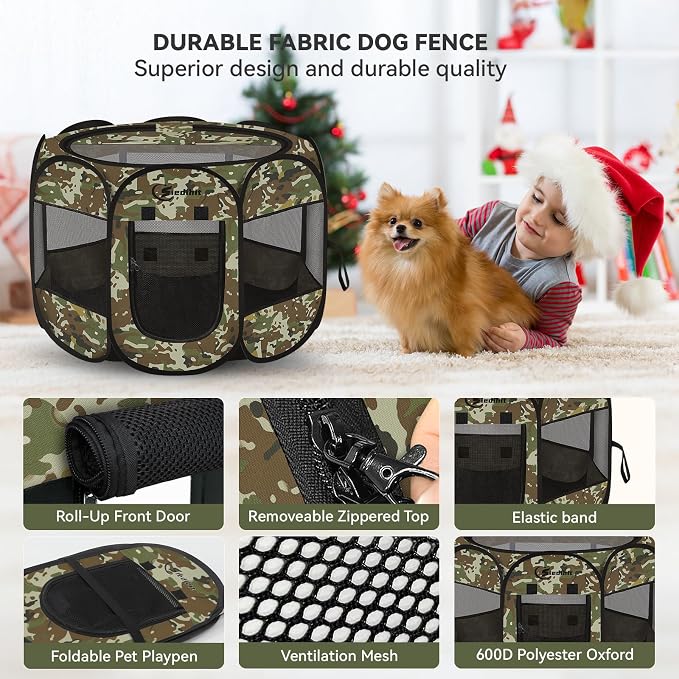 Siedihit Dog Cat Playpen, Medium Puppy Pet Playpen, Dog Crate Tent Cage Indoor/Outdoor, Portable Pop Up Dogs Kennel Playpen with Carrying Case for Dogs/Cats/Rabbits(Green Camo, Medium)