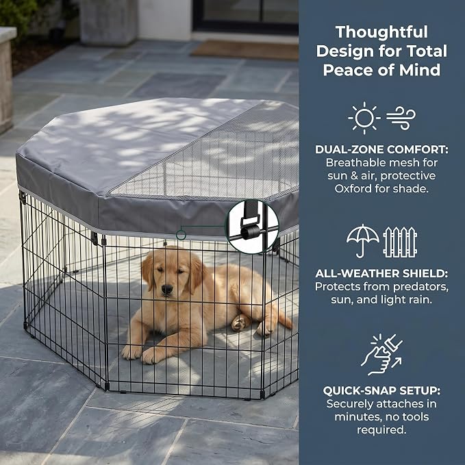 PJYuCien Octagonal Playpen Top Cover for 24" Side Metal Pet Pen, Half Mesh Half Oxford with Silver Coating & Snap Hooks, Predator & Weather Protection, Cozy Den for Puppy Small Animals, Gray