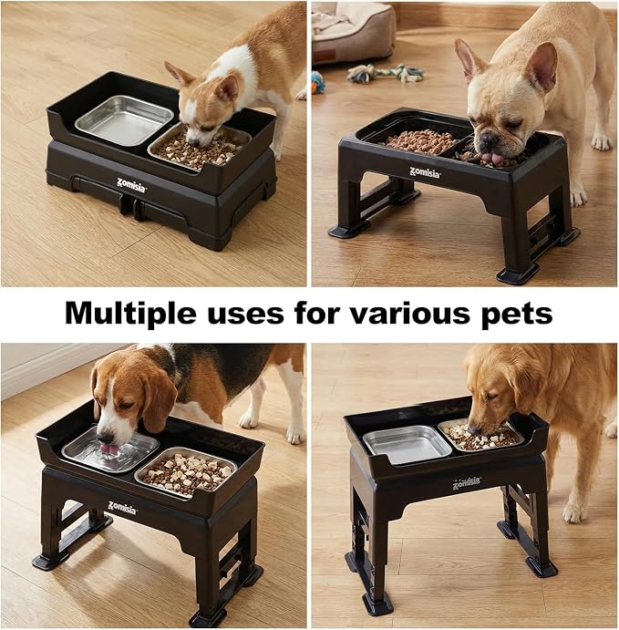 ZOMISIA 3-in-1 Elevated Dog Bowls - 6 Height Adjustable Raised Dog Bowl Stand, Double Deck Design Mess Proof, Feeding Station with 2 Stainless Steel Bowls & Licking Plate for Small Medium Large Pets