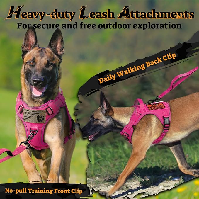 rabbitgoo Tactical Dog Harness for Large Dogs, No Pull Service Pet Vest | Military Molle System & Easy Control Handle, Adjustable and Reflective for Walking and Training, Rose Red, X-Large