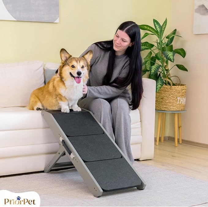 Dog ramp for Couch – Non-Slip, Sturdy Build Foldable Dog ramp – Supports up to 200lbs – Adjustable 7'' to 20'' – Landing Platform Seamlessly Connects – Birchwood Pet Ramp for Small Dogs – Gray