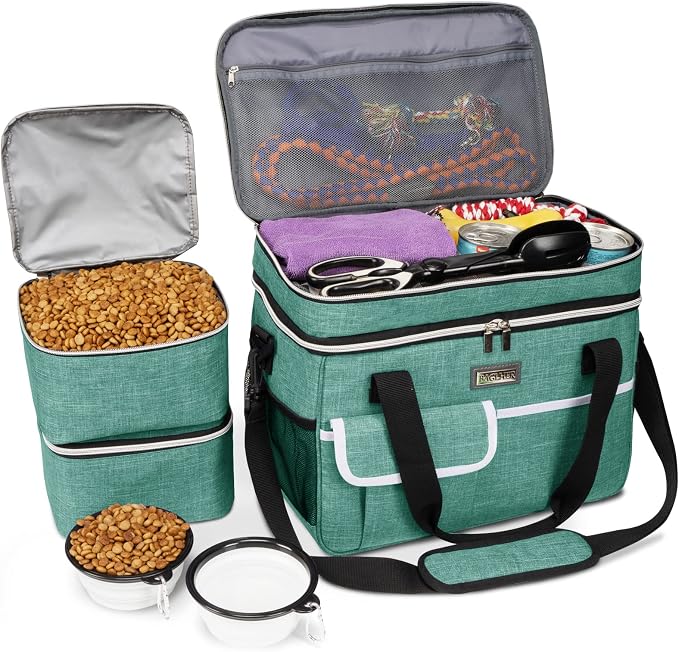 BAGLHER Dog Travel Bag, Double-Layer, with Food Containers & Bowls, Green