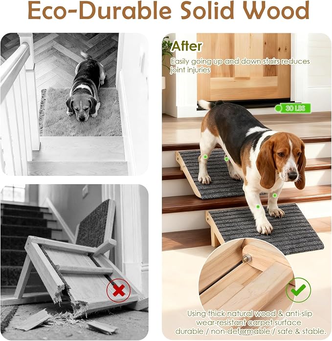 Foldable Dog Ramp for Stairs, Wooden Dog Stairs for Small Dogs | 4.2"H, 2 Pack, Up to 170 lbs, Assist Elderly/Injured Small Dogs, Anti-Slip Carpet Surface, Natural Solid Wood, No Assembly
