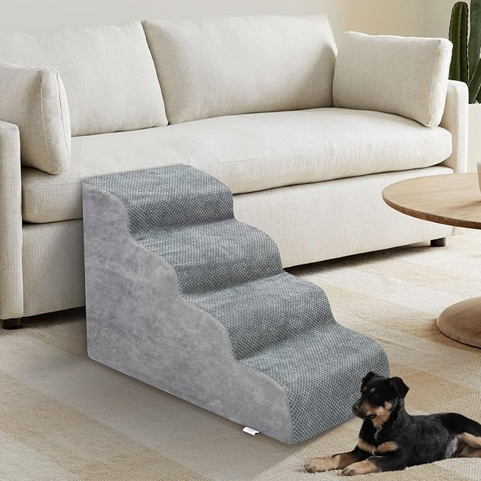 Dog Stairs for Small Dogs - High Density Foam Dog Ramp, Extra Wide Pet Steps with Non-Slip Bottom for High Beds, Couche and Sofa, Best for Pet Injured, Older Dogs Cats (Grey, 4 Steps)
