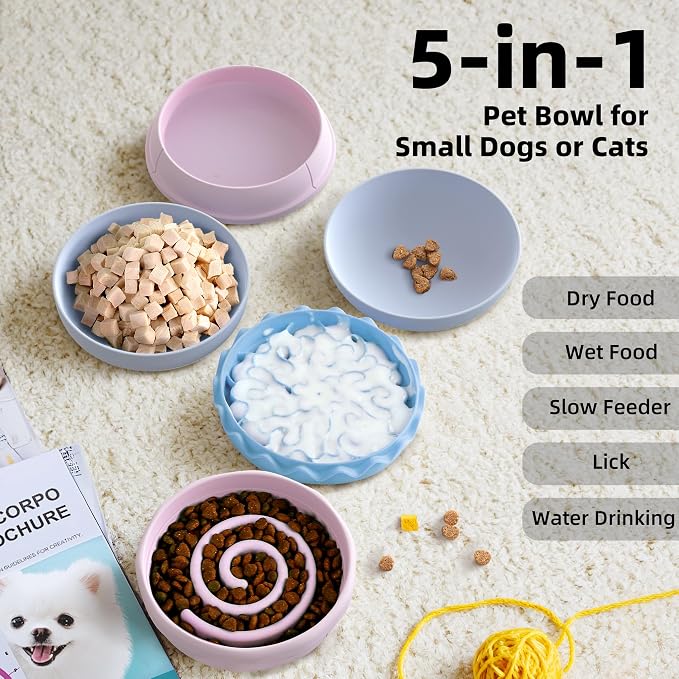 5-in-1 Dog Bowls Set, 6.1 inch Cute Colorful Hamburger-Shaped Dog Food Bowl Stackable for Easy Storage and Travel, Cat Bowls for Food and Water, Pet Bowls Suitable for Small and Medium Dogs (Purple)
