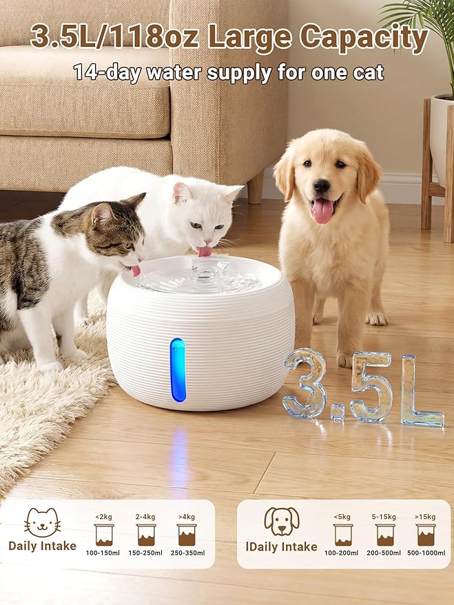 Kastty Cat Water Fountain:3.5L Cat Fountain for Drinking-White Pet Water Fountain for Cats Indoor-Quiet Cat Water Dispenser with Visual Water Level - Pets Watering Supplies for Small Animals FS77