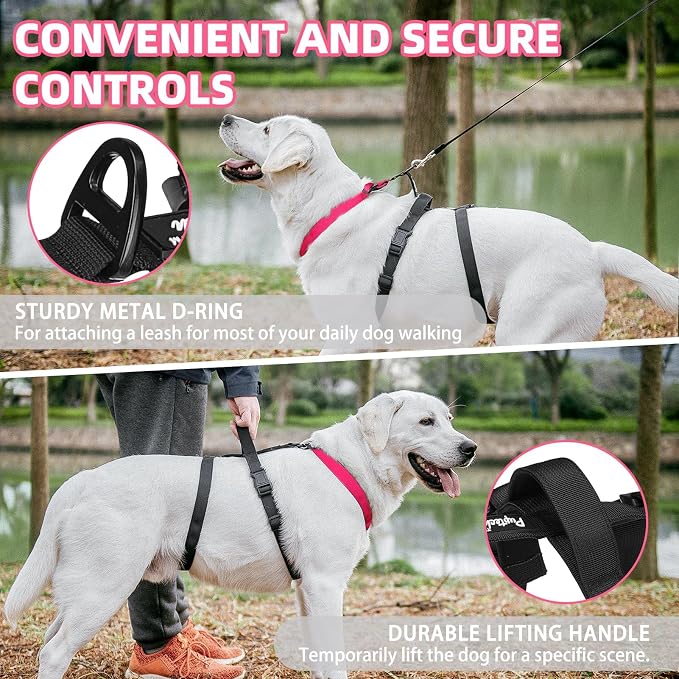 PUPTECK Escape Proof Dog Harness - No Pull Soft Padded Full Body Pet Halter Harness with Lift Handle for Small Medium Large Doggies Walking Hiking Hunting, Deep Pink & Black, XL