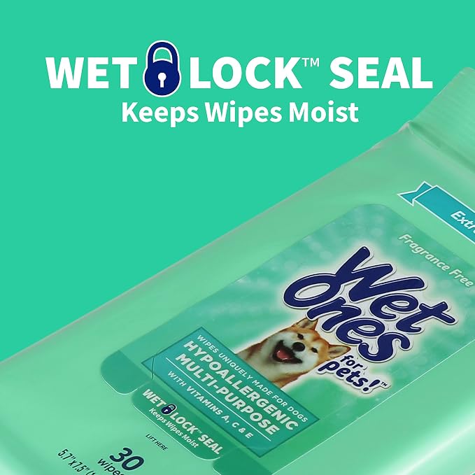 Wet Ones Multi Purpose Pets Wipes, 300 Count, Fragrance Free, Dog Wipes with Vitamins A C and E, Wet Lock Seal