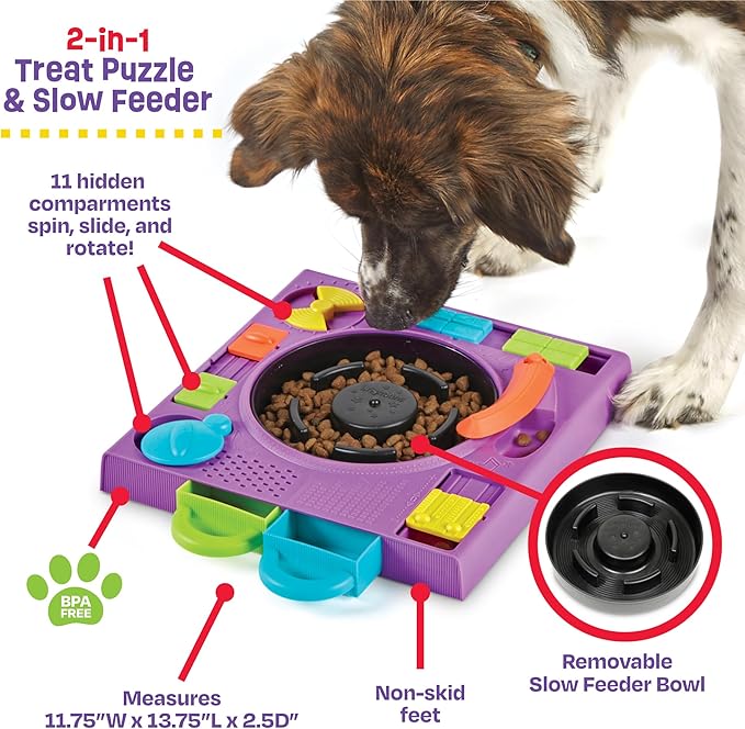 Brightkins DJ Doggo Puzzle Feeder - Slow Feeder Dog Bowls, Puzzle Toys for Dogs, Slow Eating Dog Bowl, Large Puppy Bowls, Treat Puzzles Feeders for Cat and Dogs, Puppy Food Bowl
