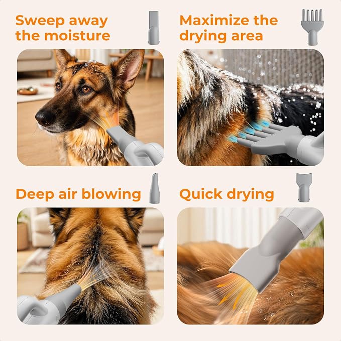 Pecute High-Velocity Dog Dryer, Adjustable Speed & Temp, 6.5ft Cord | Heat-resistant hose, pet grooming salon, cool-warm-hot cycle, 4 nozzles, soft noise, quick drying, overload protection