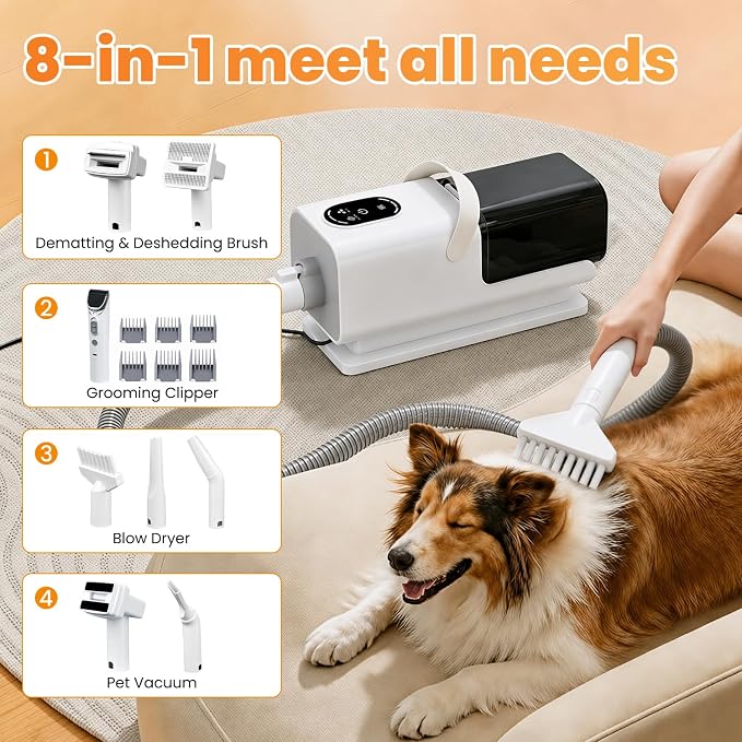 8-in-1 Dog Vacuum & Dryer Grooming Kit with Clipper, 3-Level Adjustable Speed & Temp,12000Pa Dog Vacuum for Shedding Grooming, 2.2L Dust Cup, 4.9ft Hose