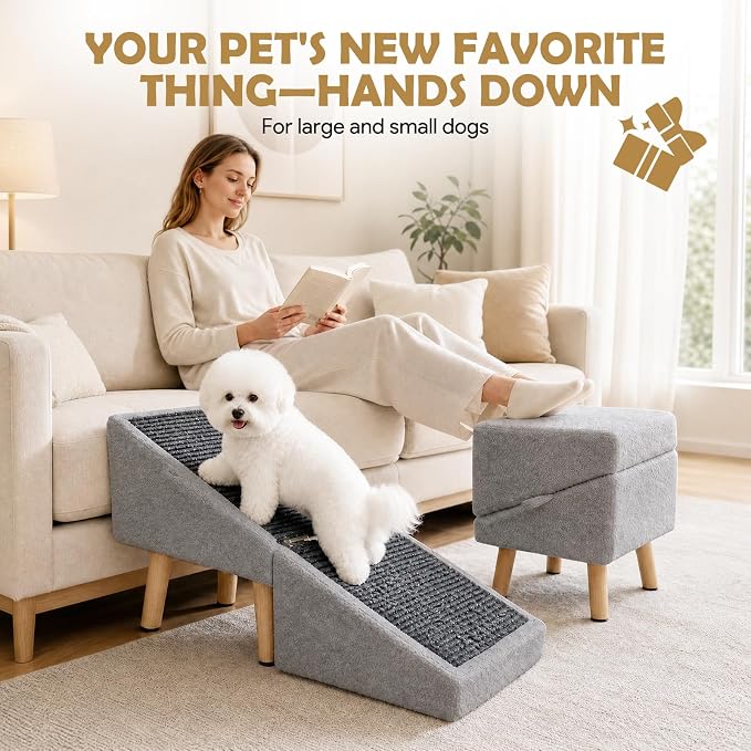 16" H Dog Stairs & Ramp for Small Dogs, 2-in-1 Foldable Wooden Dog Ramp for Low Bed and Couch, Non-Slip Split Ottoman Pet Ramp, Safe for Puppies, Senior, Injured Dogs, Grey