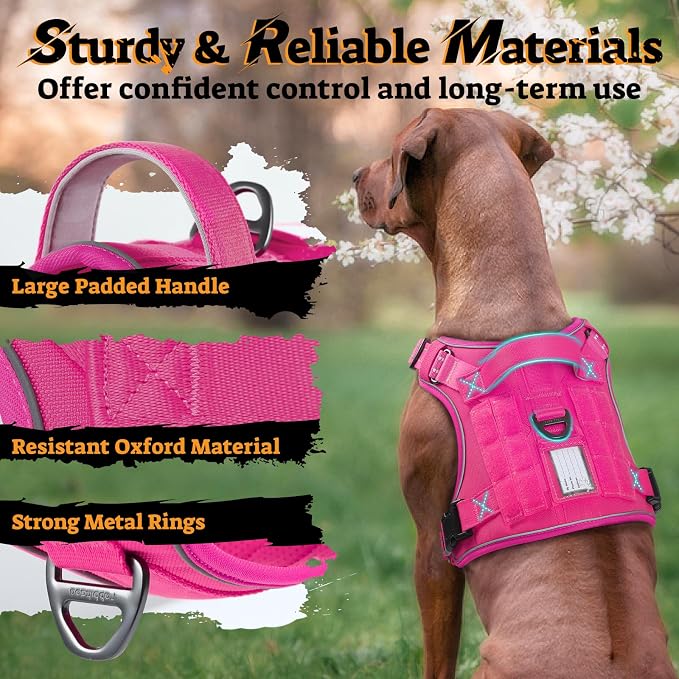 rabbitgoo Tactical Dog Harness for Large Dogs, No Pull Service Pet Vest | Military Molle System & Easy Control Handle, Adjustable and Reflective for Walking and Training, Rose Red, Large