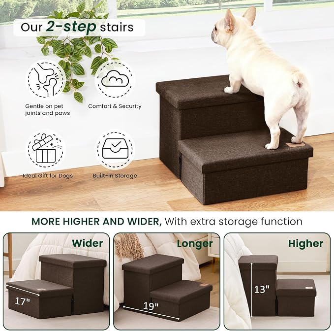 Love's cabin Dog Stairs with Storage 13" H, Foldable Pet Stairs for Small Medium or Large Dogs, Cat Puppy Steps Ramp with Zip up to 150 lbs, Coffee, 2 Steps