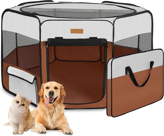 Portable Foldable Dog Playpen - Pet Tent, Brown