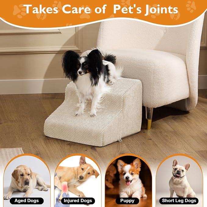 Dog Stairs for Small Dogs 11.5’’ H, 2-Step Dog Steps for Bed, Pet Stairs and Ramp for Dogs and Cats to Get on Beds, Couch, Non-Slip Balanced Pet Steps with Waterproof Cover, Beige